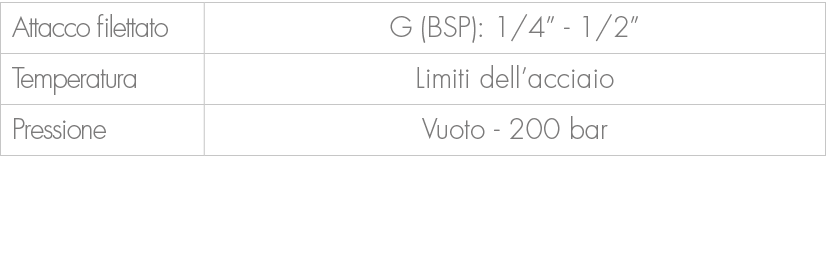 Attacco filettato,G (BSP): 1/4” 1/2”,Temperatura,Limiti dell’acciaio,Pressione,Vuoto 200 bar 