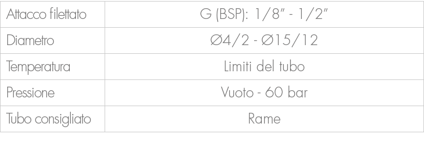 Attacco filettato,G (BSP): 1/8” 1/2”,Diametro, 4/2 15/12,Temperatura,Limiti del tubo ,Pressione,Vuoto 60 bar ,Tubo c...