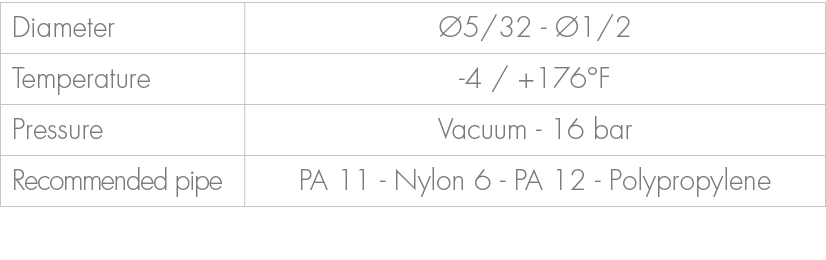 Diameter, 5/32 1/2,Temperature, 4 / +176°F ,Pressure,Vacuum 16 bar ,Recommended pipe,PA 11 Nylon 6 PA 12 Polypropylene 