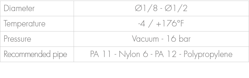 Diameter, 1/8 1/2,Temperature, 4 / +176°F ,Pressure,Vacuum 16 bar ,Recommended pipe,PA 11 Nylon 6 PA 12 Polypropylene 