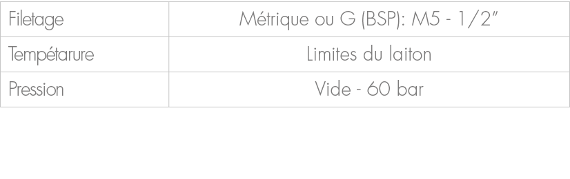 Filetage,M trique ou G (BSP): M5 1/2”,Temp tarure,Limites du laiton,Pression,Vide 60 bar