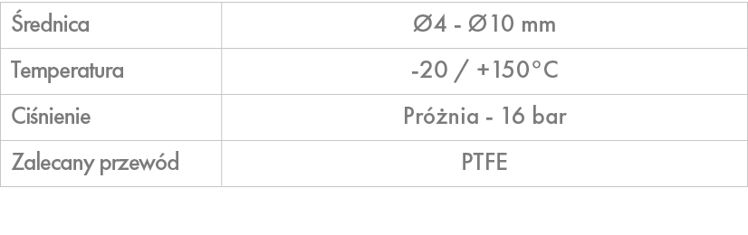  rednica, 4 10 mm,Temperatura, 20 / +150°C ,Ci nienie,Pr  nia 16 bar ,Zalecany przew d,PTFE