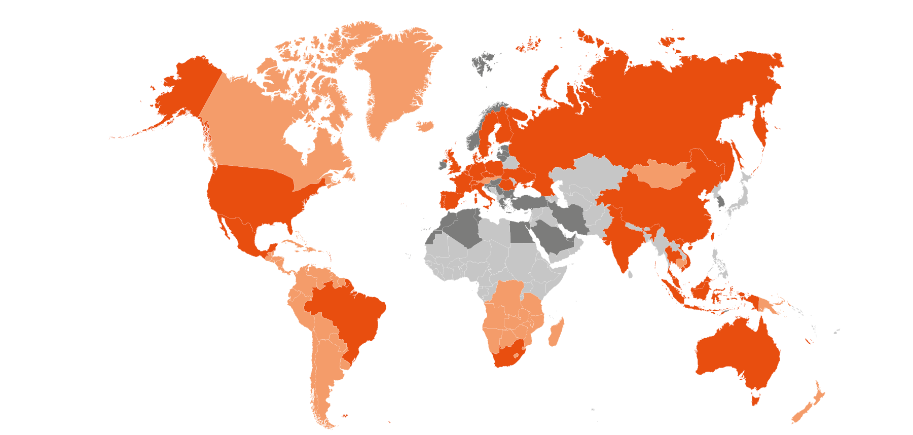 Mappa mondiale colorata che evidenzia diversi paesi con tonalit di arancione e grigio per rappresentare una classificazione geografica o statistica.  Descrizione generata da AI