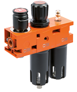 Dispositivo industrial arancione con due cilindri neri e componenti meccanici per il controllo del flusso d'aria o gas. Descrizione generata da AI
